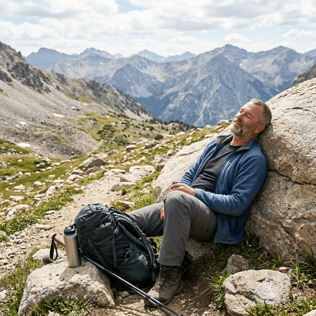 Man sitting against rock resting with hiking gear in mountainous area