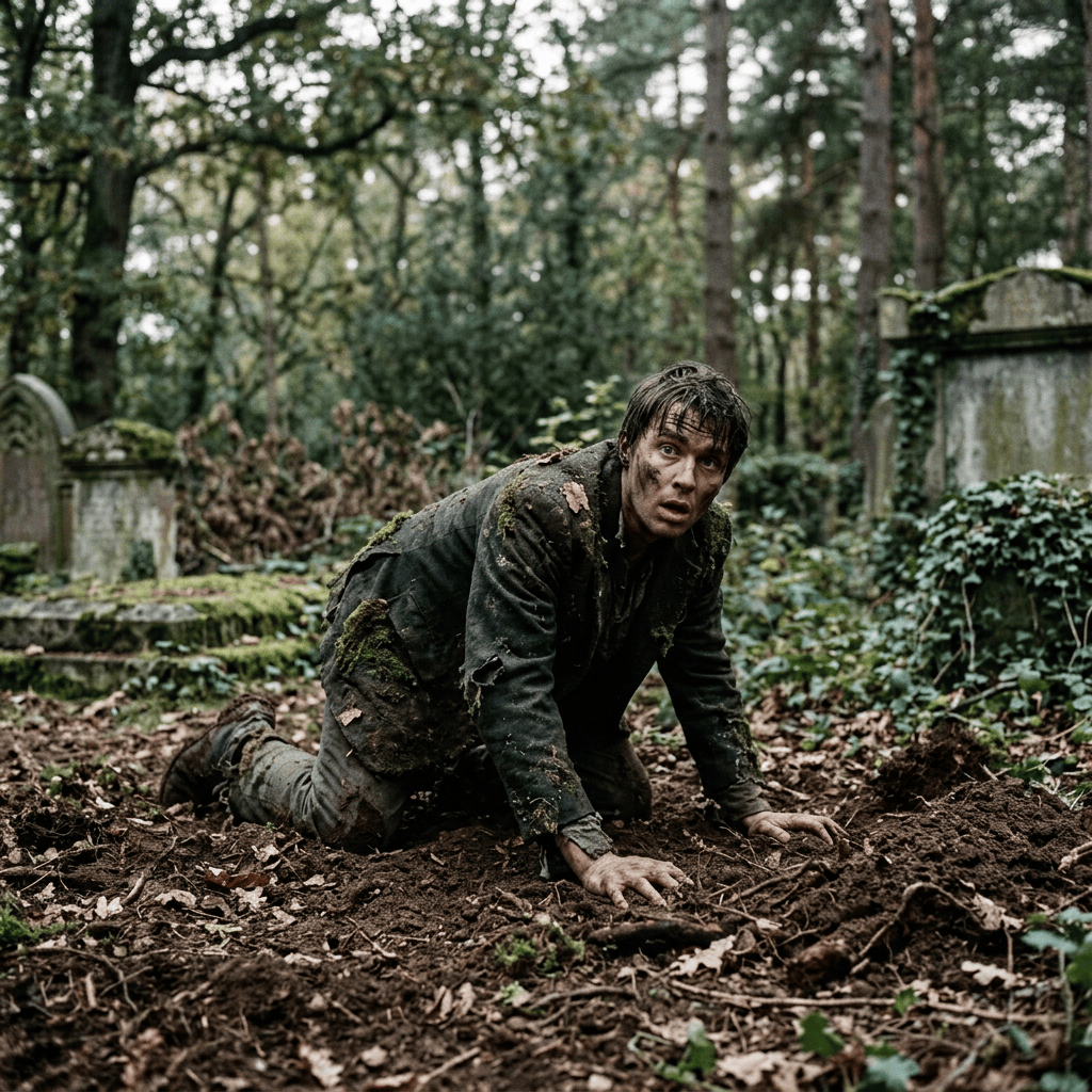 Man in torn, dirty clothes crawling on soil in a forest graveyard