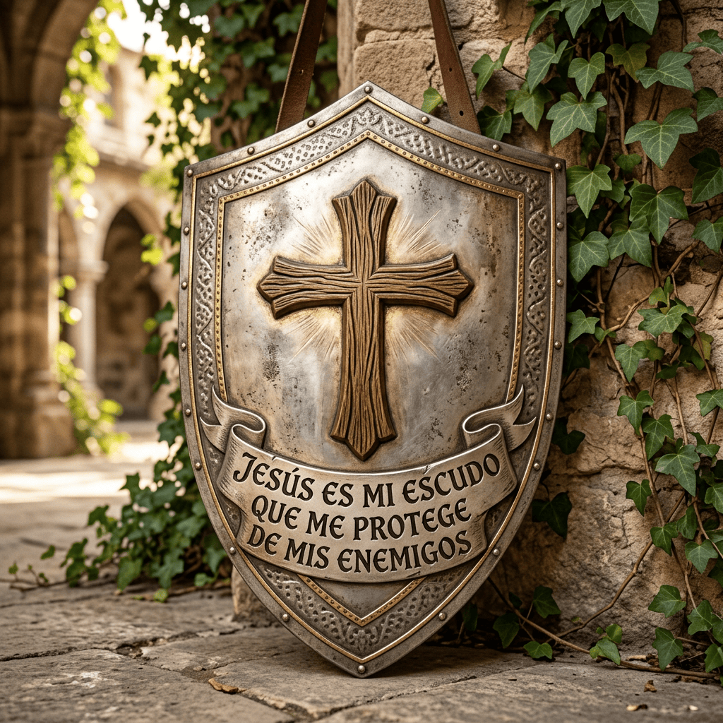 Ornate shield with wooden cross and Spanish text: Jesús es mi escudo que me protege de mis enemigos
