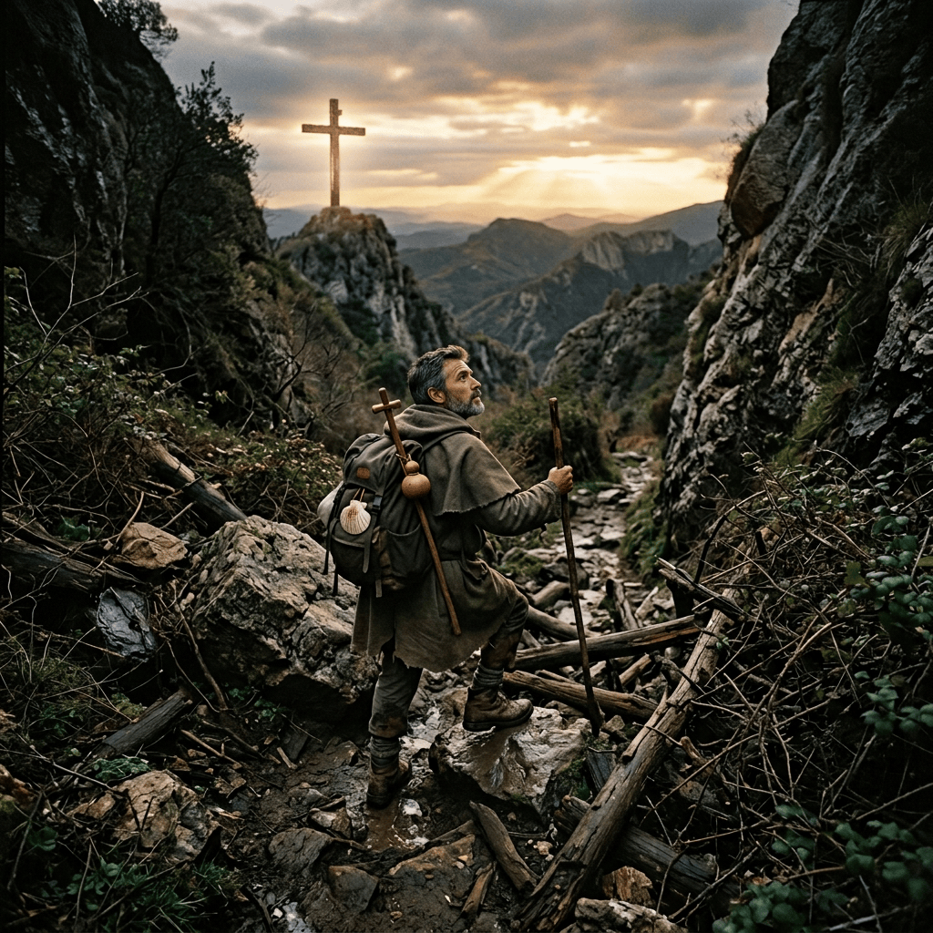 Pilgrim climbing a rocky mountain trail toward a cross at sunset